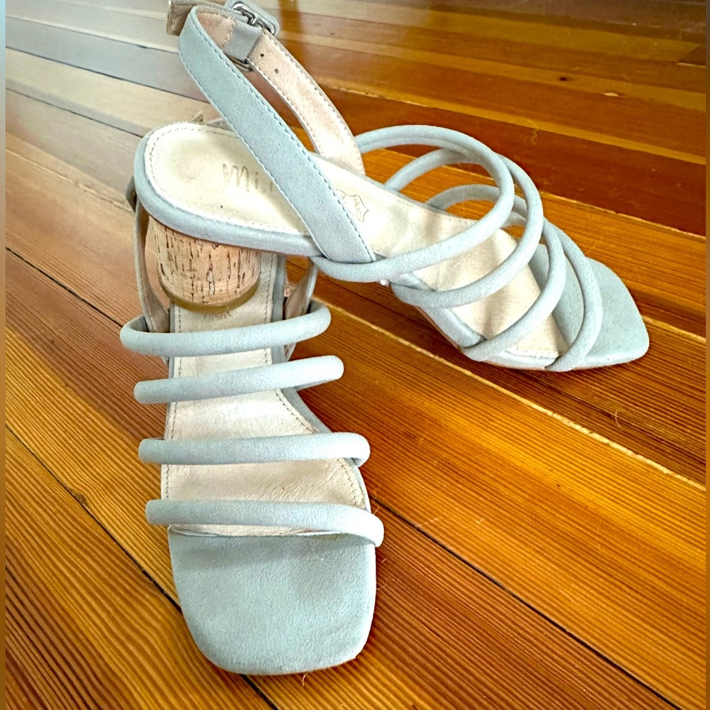 Mimi Strappy Leather Block Cork Square Toe Sandal/Heel, grey, size 6